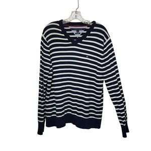 Tommy Hilfiger Pima Cotton V-Neck Sweater Men's L Navy White Stripe Flag Logo